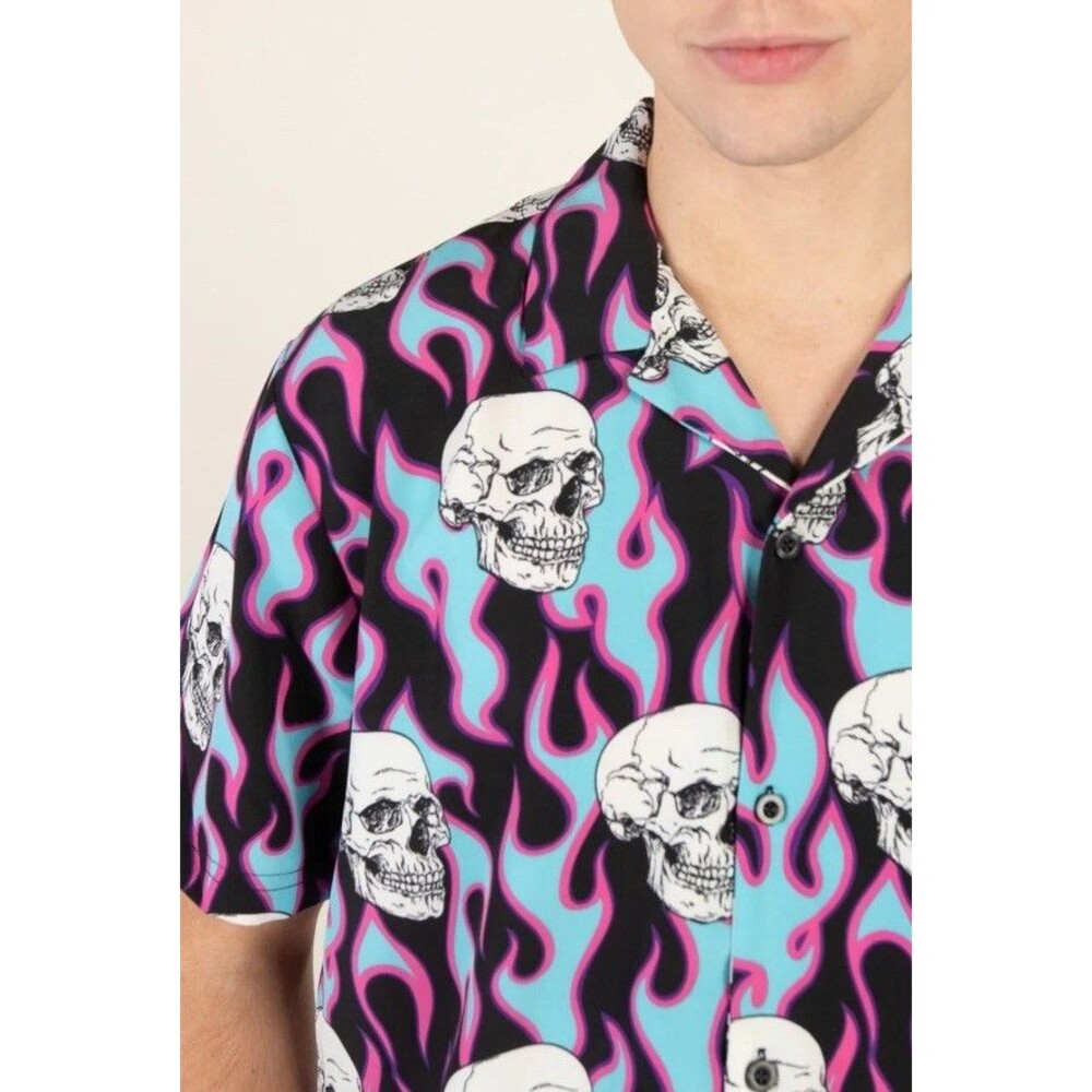 Drill Fresh Prints Bel Air Mens Size 3XL Shirt Blue Pink Black Skull Flame Camp